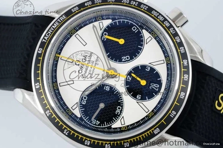0706 TopPick Speedmaster Racing Master SS HKF Best Edition White Black Dial on Black Rubber Strap A 7813